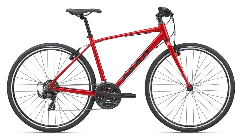 red hybrid bike