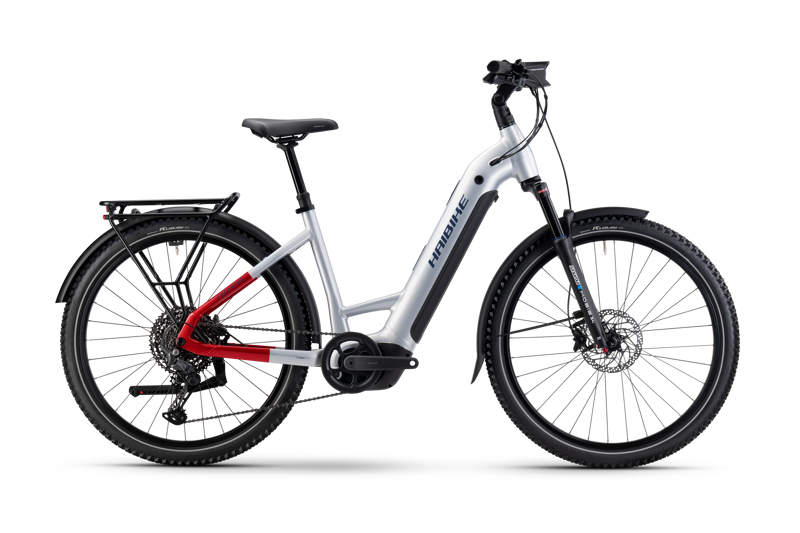 Haibike Trekking 7 Low Electric Hybrid Bike in Soft Grey / Red / Blue